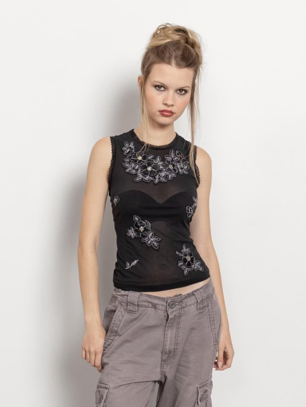 2000s Vintage Black Lace Tank Top - Sheer Stretchy, Small Medium